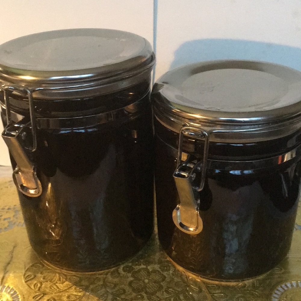 Vintage Alco Black canisters with silver lids and hermetic seals